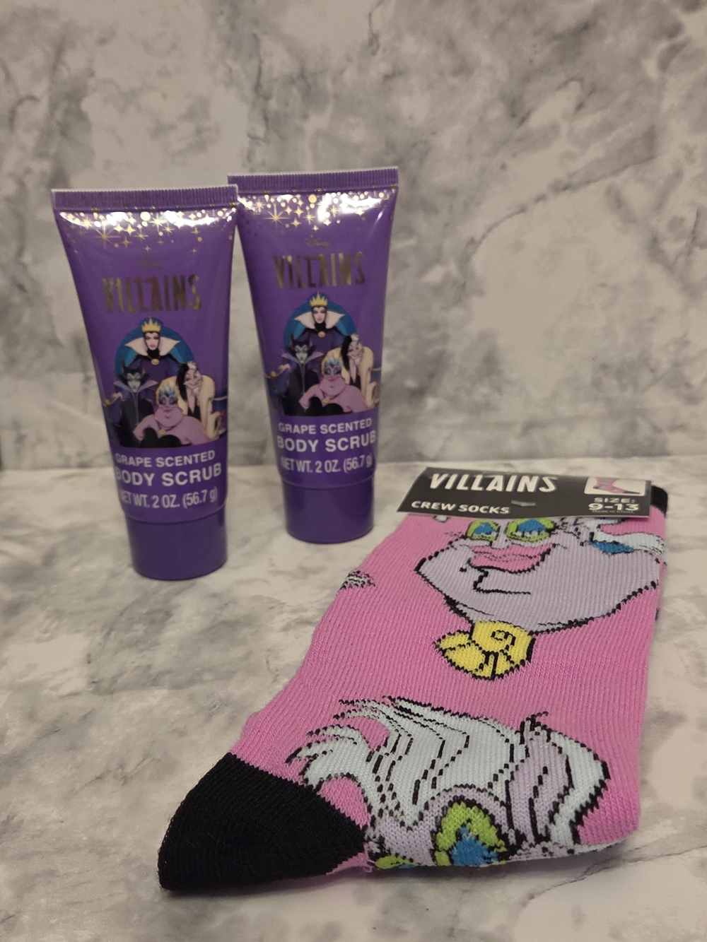 Disney Villains Grape Body Scrub Tubes & Pink Villains Crew Socks